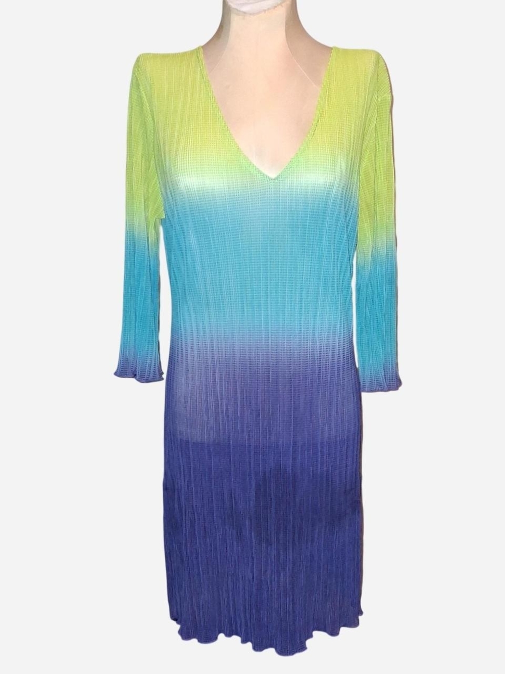 Ombre V-Neck Swim Coverup Dress in Lime, Aqua & Navy